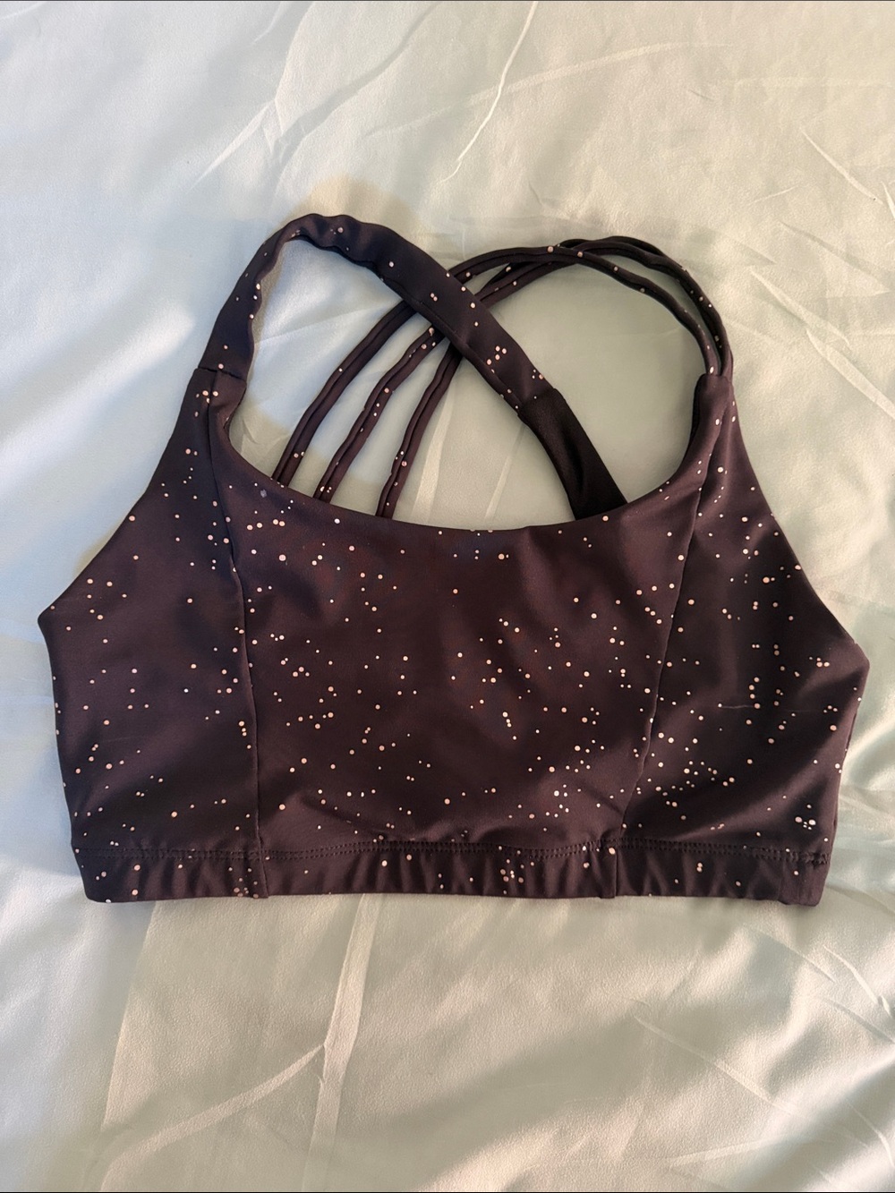 Onzie Black Sports Bra with Light Pink Dot Print and Strappy Back large L4